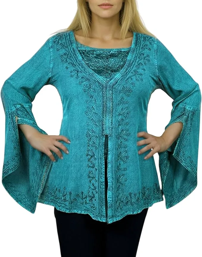 01 B Women's Square Neck Trim Lace Gypsy Bell Sleeve Blouse