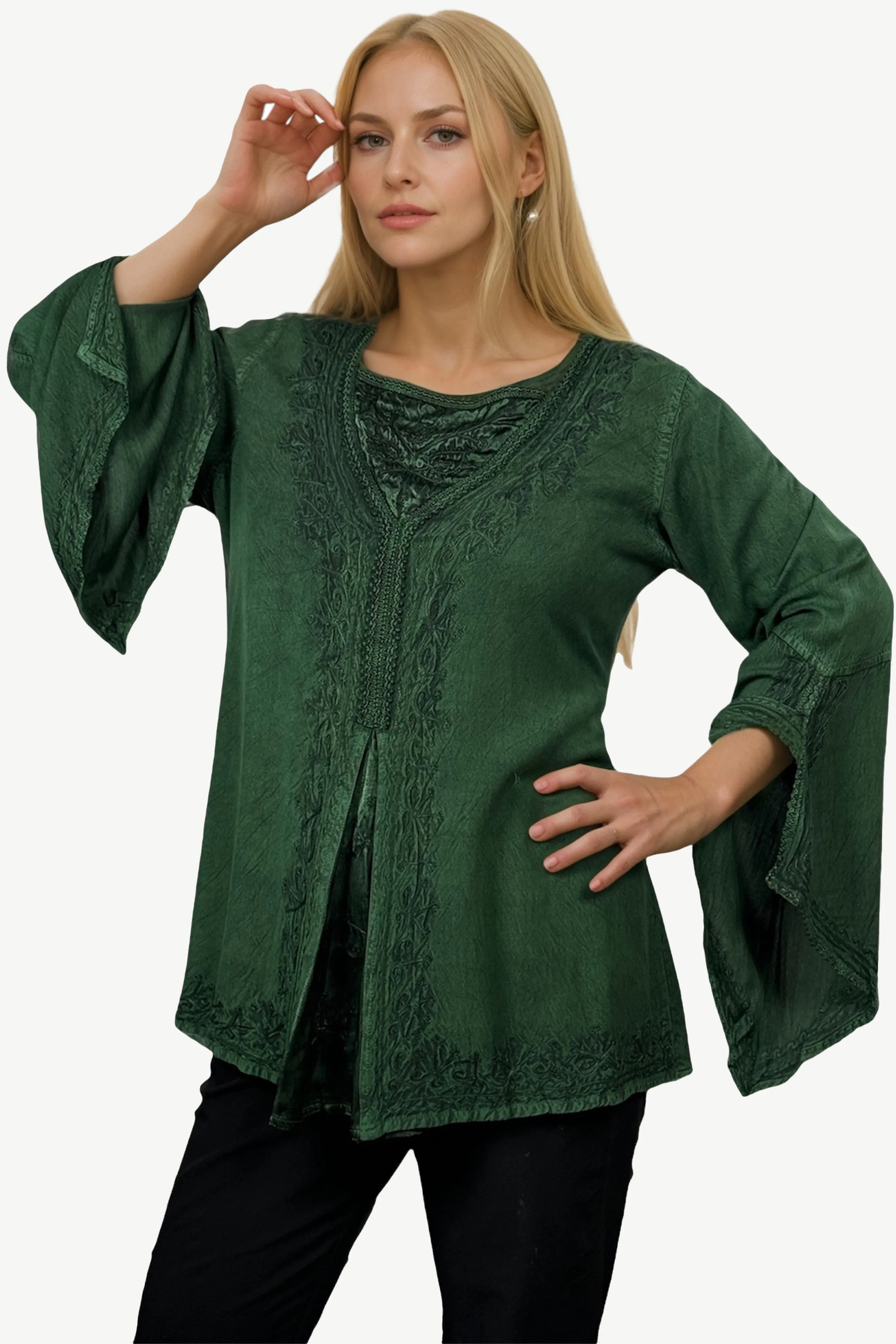 01 B Women's Square Neck Trim Lace Gypsy Bell Sleeve Blouse