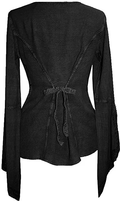 01 B Women's Square Neck Trim Lace Gypsy Bell Sleeve Blouse