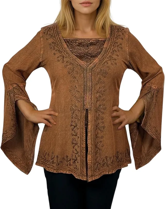 01 B Women's Square Neck Trim Lace Gypsy Bell Sleeve Blouse