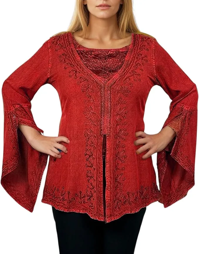 01 B Women's Square Neck Trim Lace Gypsy Bell Sleeve Blouse