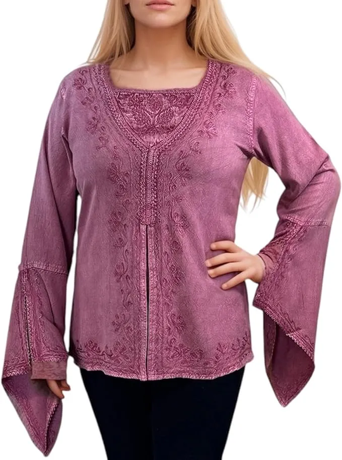 01 B Women's Square Neck Trim Lace Gypsy Bell Sleeve Blouse