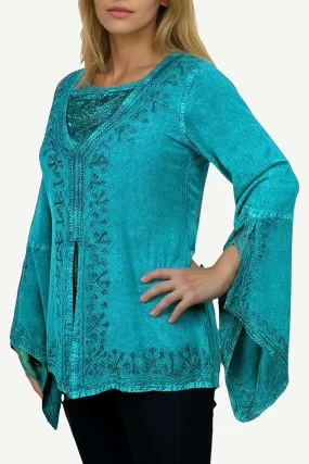 01 B Women's Square Neck Trim Lace Gypsy Bell Sleeve Blouse