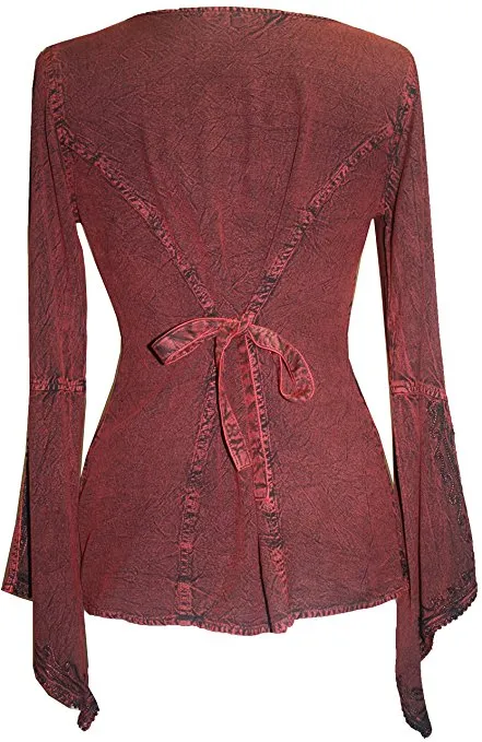 01 B Women's Square Neck Trim Lace Gypsy Bell Sleeve Blouse