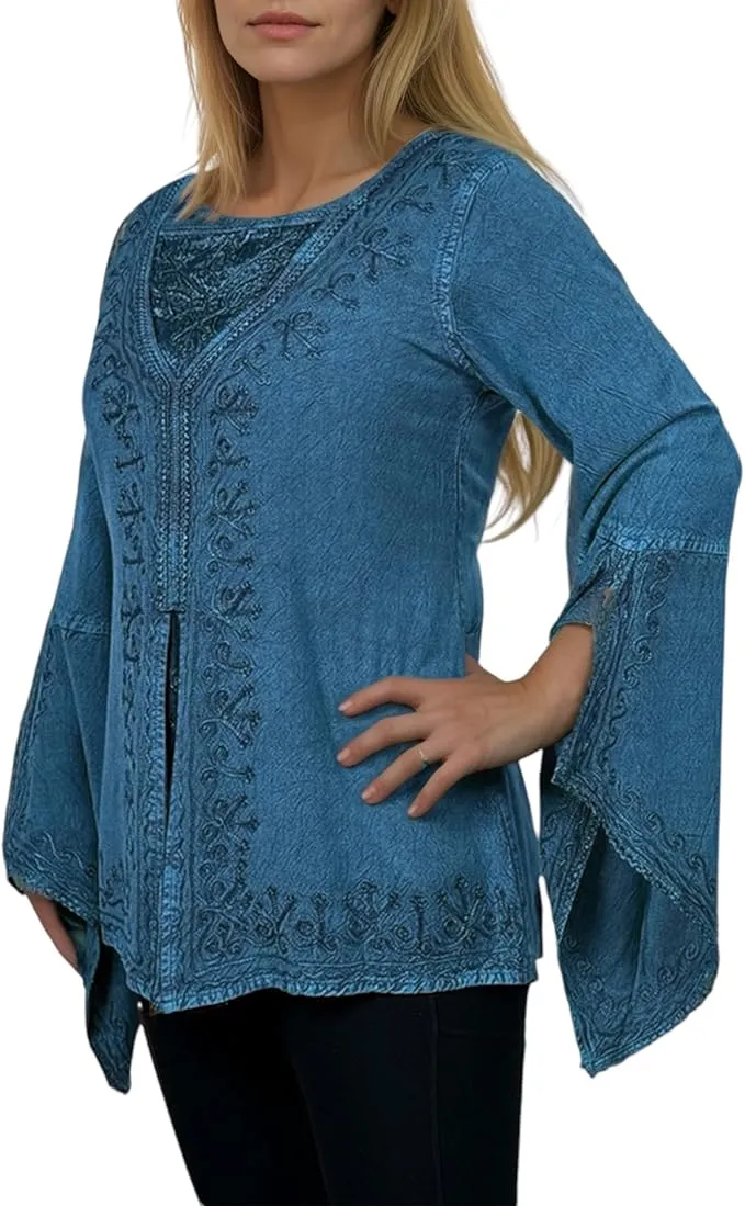 01 B Women's Square Neck Trim Lace Gypsy Bell Sleeve Blouse