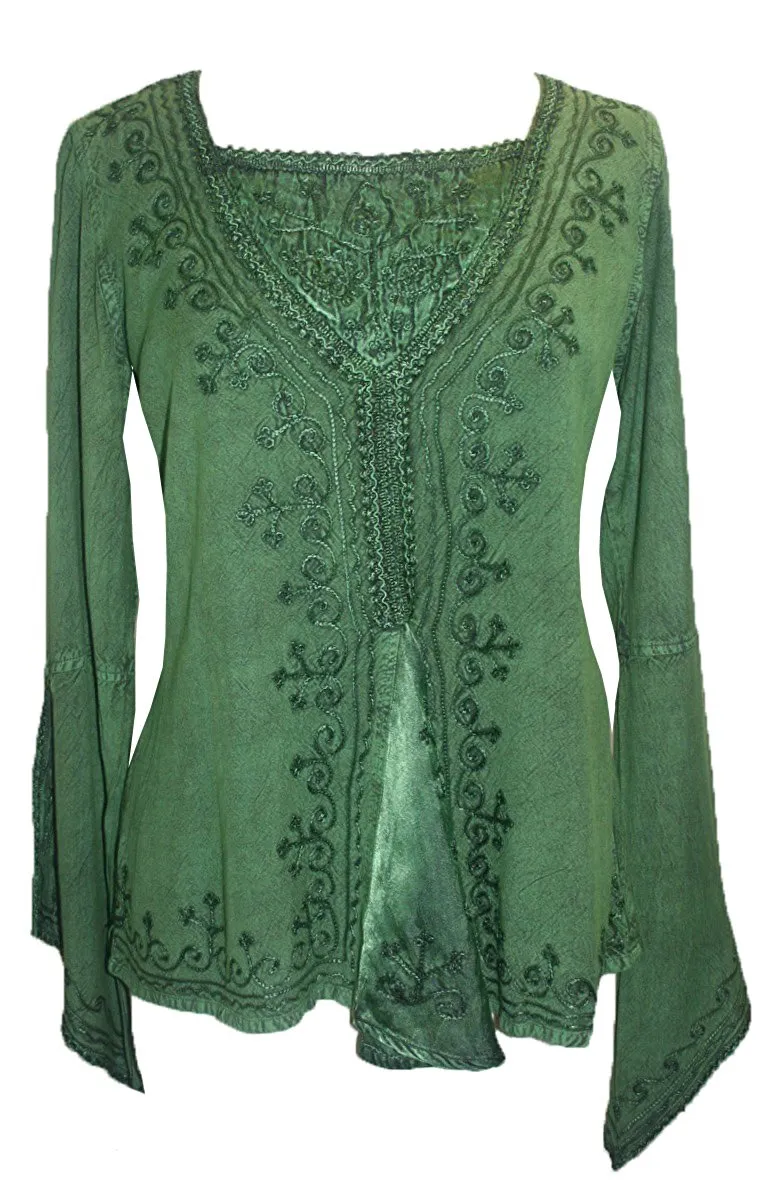 01 B Women's Square Neck Trim Lace Gypsy Bell Sleeve Blouse