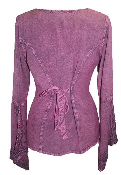 01 B Women's Square Neck Trim Lace Gypsy Bell Sleeve Blouse