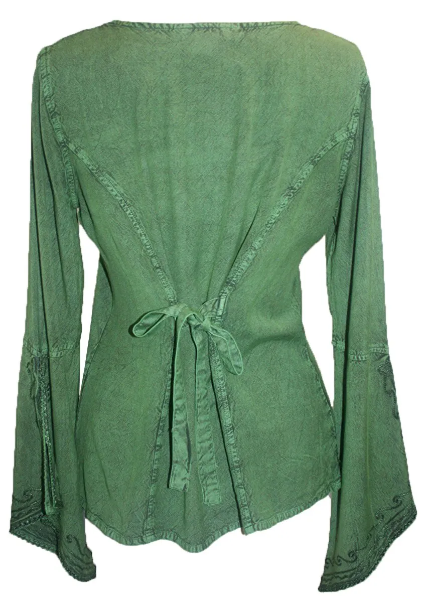 01 B Women's Square Neck Trim Lace Gypsy Bell Sleeve Blouse