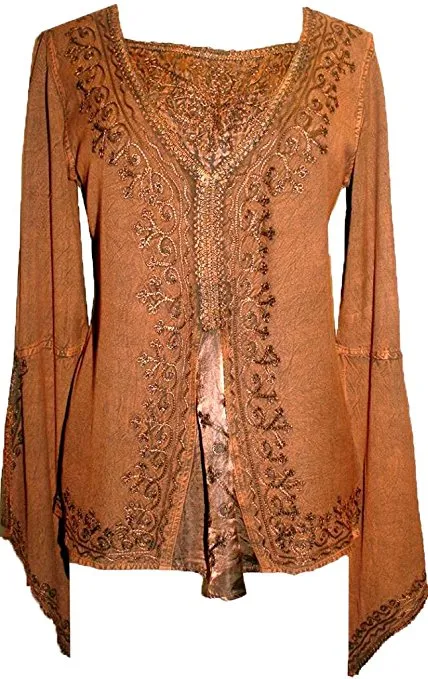 01 B Women's Square Neck Trim Lace Gypsy Bell Sleeve Blouse