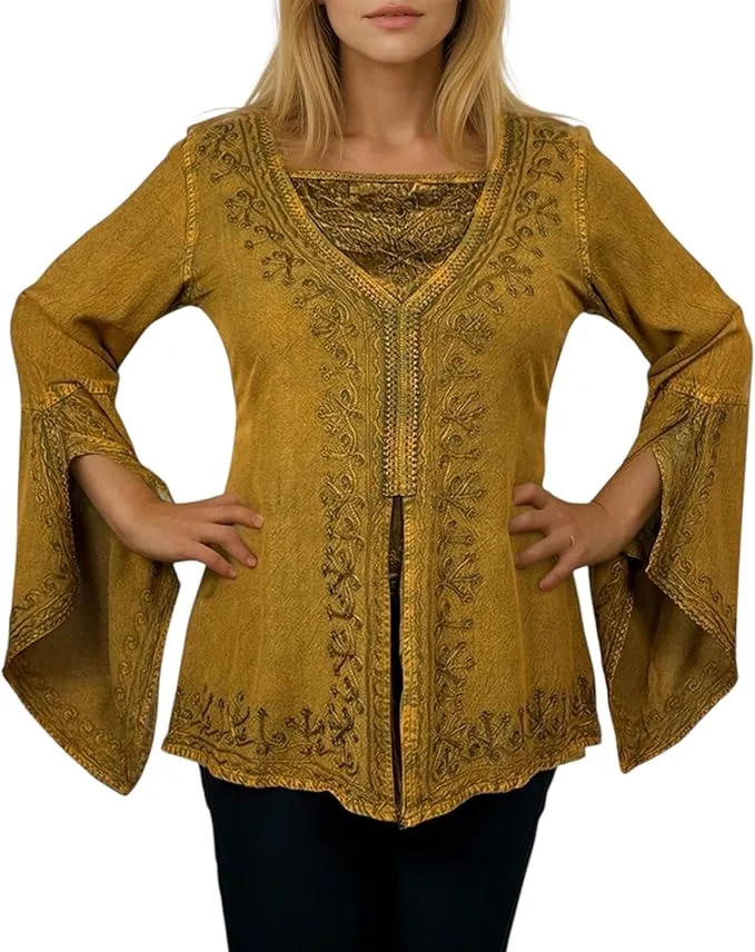 01 B Women's Square Neck Trim Lace Gypsy Bell Sleeve Blouse