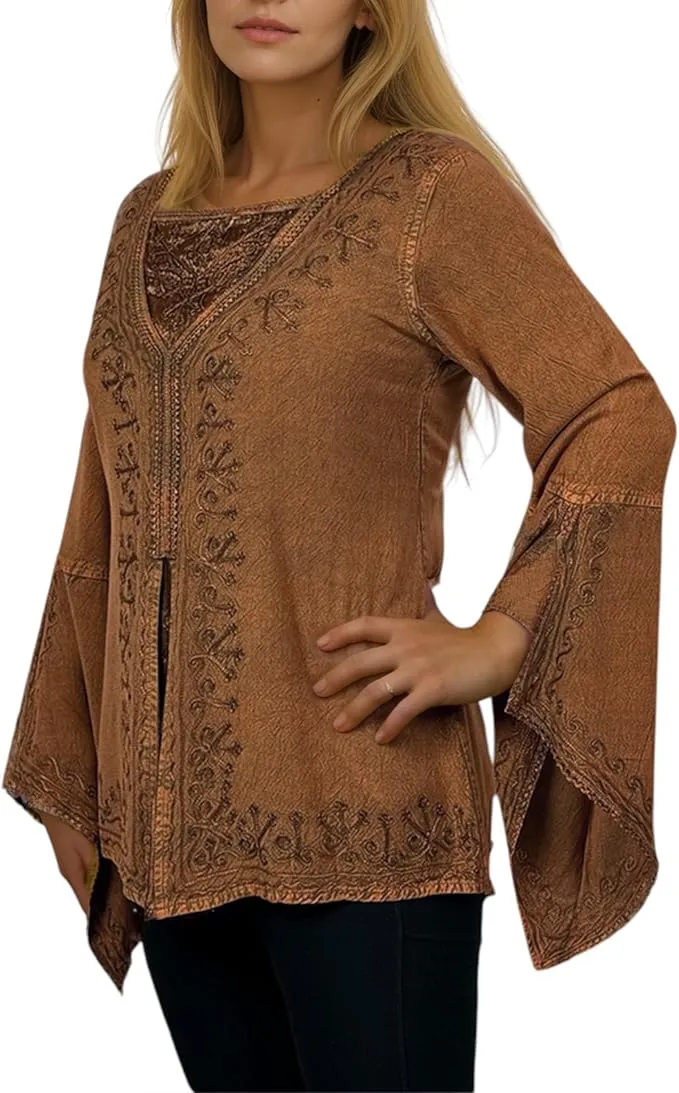 01 B Women's Square Neck Trim Lace Gypsy Bell Sleeve Blouse