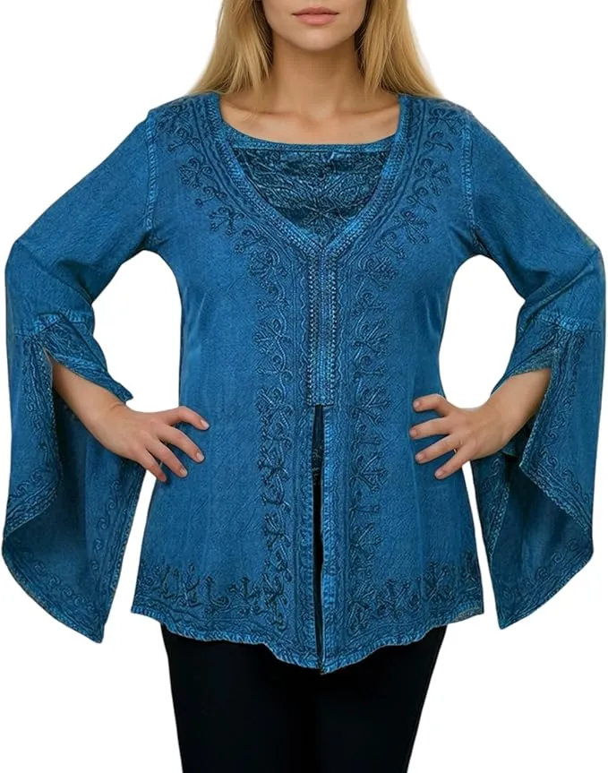 01 B Women's Square Neck Trim Lace Gypsy Bell Sleeve Blouse