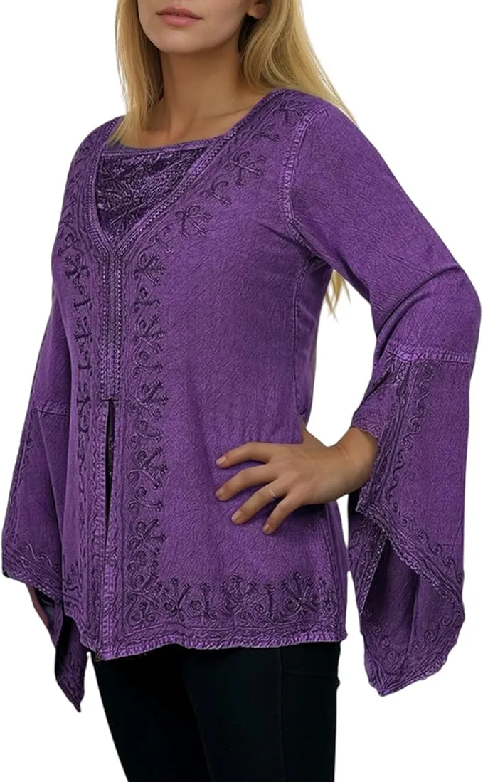 01 B Women's Square Neck Trim Lace Gypsy Bell Sleeve Blouse