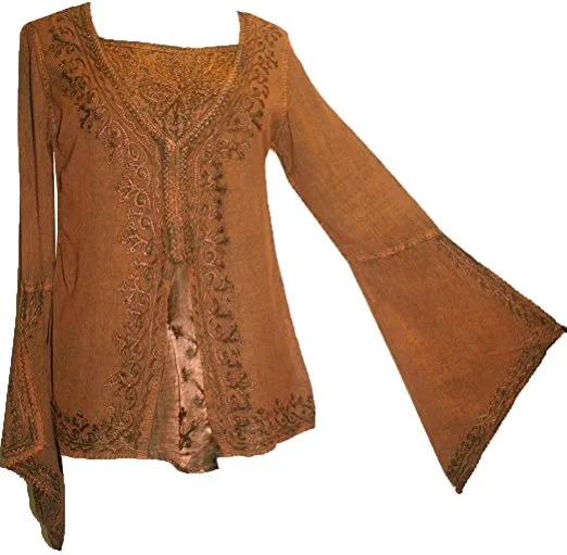01 B Women's Square Neck Trim Lace Gypsy Bell Sleeve Blouse