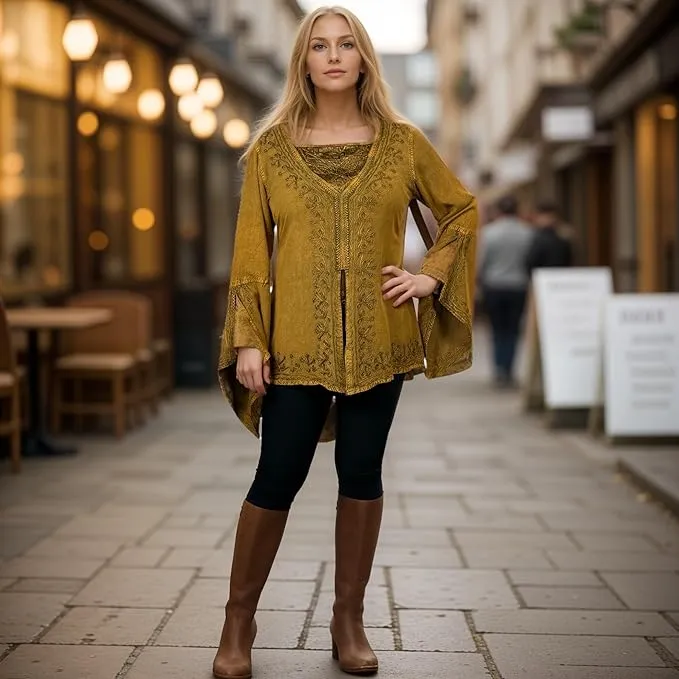 01 B Women's Square Neck Trim Lace Gypsy Bell Sleeve Blouse