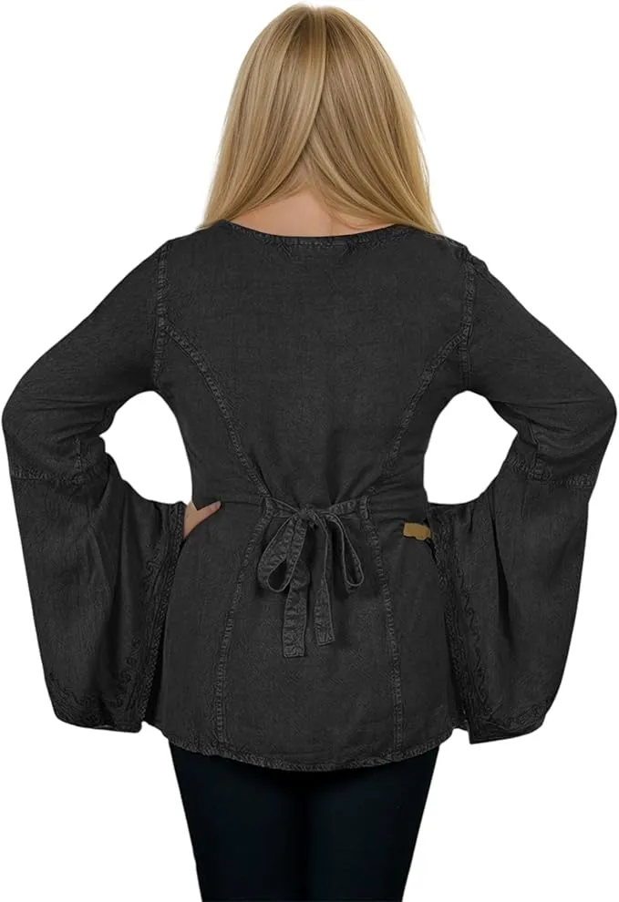 01 B Women's Square Neck Trim Lace Gypsy Bell Sleeve Blouse