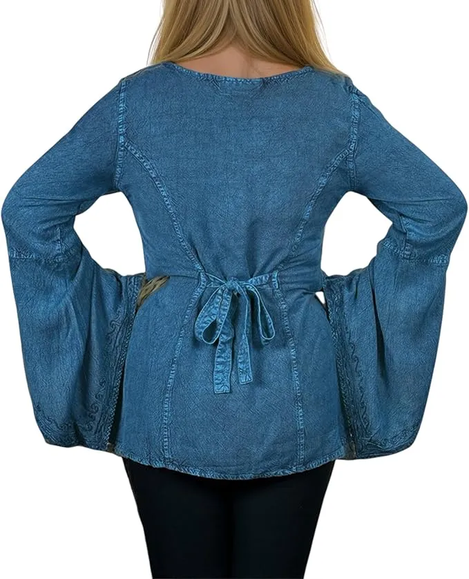 01 B Women's Square Neck Trim Lace Gypsy Bell Sleeve Blouse