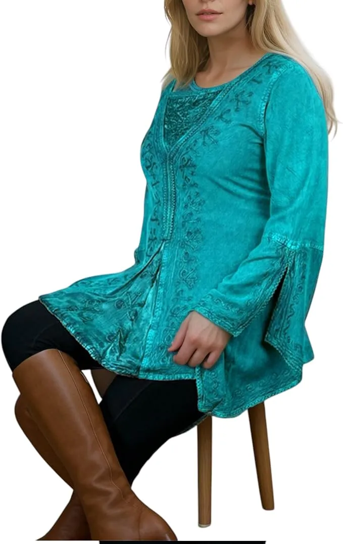 01 B Women's Square Neck Trim Lace Gypsy Bell Sleeve Blouse