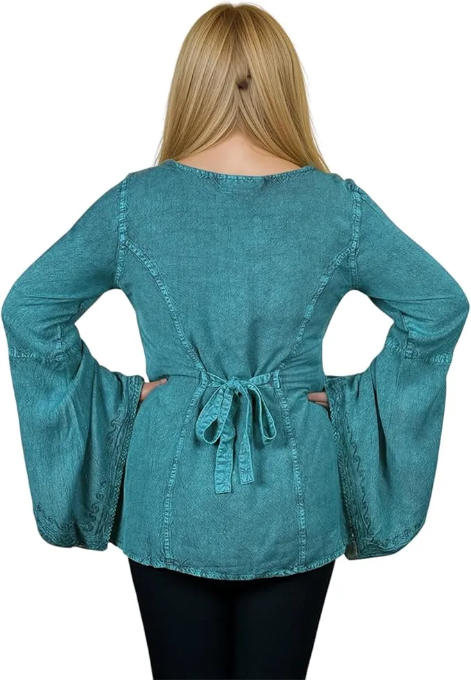 01 B Women's Square Neck Trim Lace Gypsy Bell Sleeve Blouse