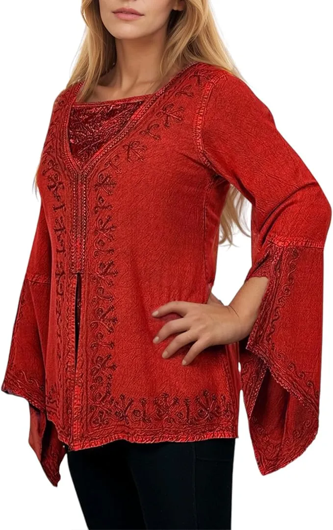 01 B Women's Square Neck Trim Lace Gypsy Bell Sleeve Blouse