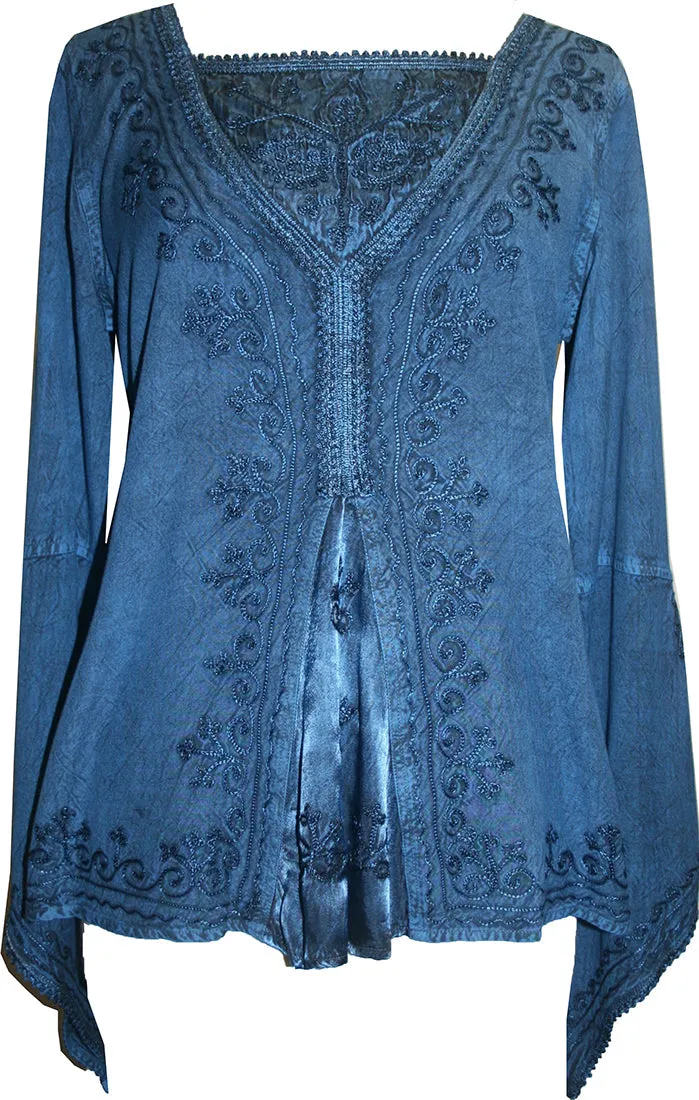 01 B Women's Square Neck Trim Lace Gypsy Bell Sleeve Blouse