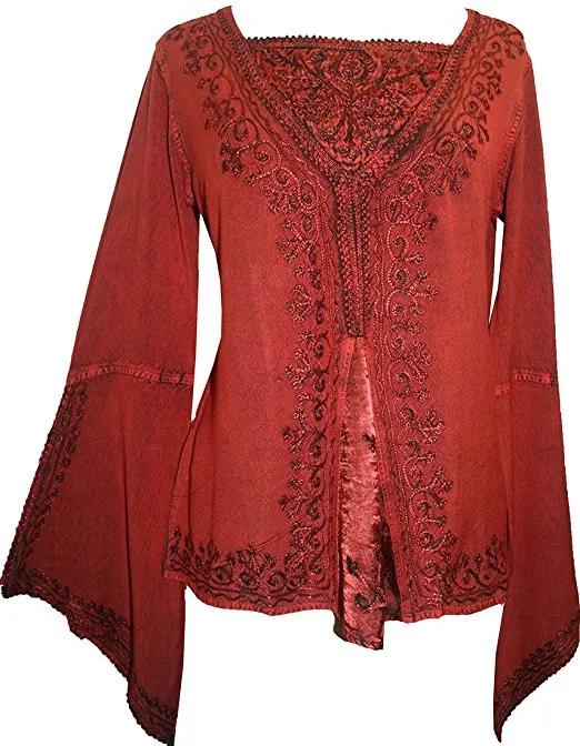 01 B Women's Square Neck Trim Lace Gypsy Bell Sleeve Blouse