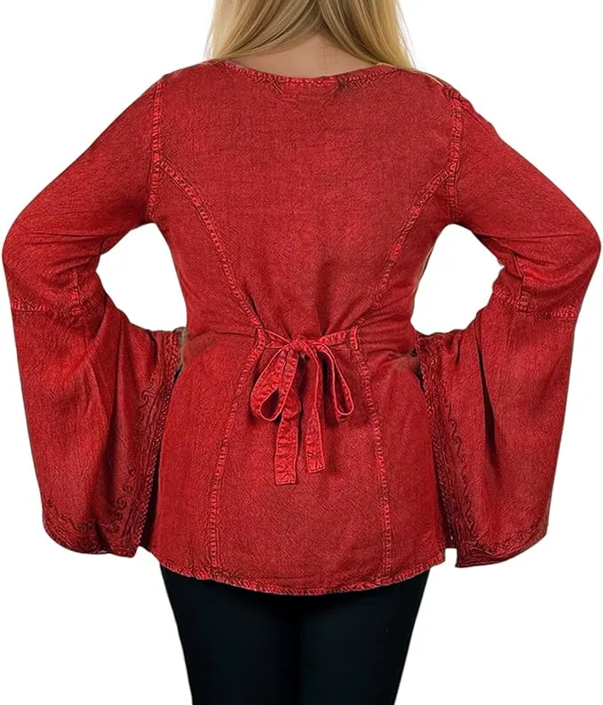 01 B Women's Square Neck Trim Lace Gypsy Bell Sleeve Blouse