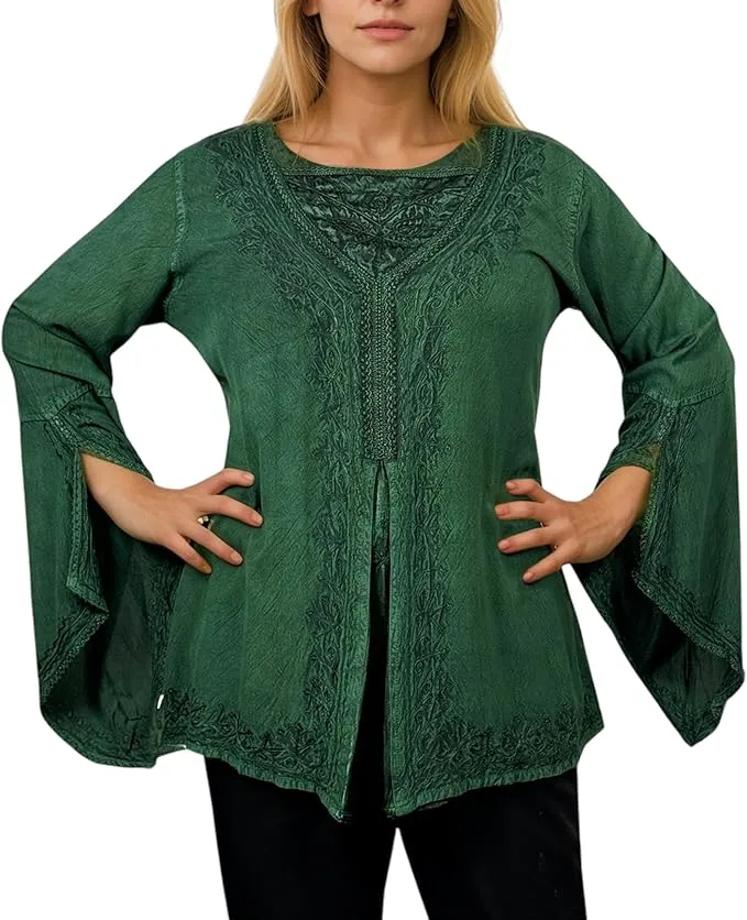 01 B Women's Square Neck Trim Lace Gypsy Bell Sleeve Blouse