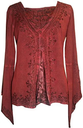 01 B Women's Square Neck Trim Lace Gypsy Bell Sleeve Blouse
