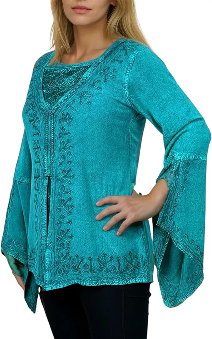 01 B Women's Square Neck Trim Lace Gypsy Bell Sleeve Blouse