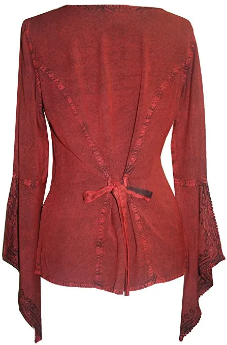 01 B Women's Square Neck Trim Lace Gypsy Bell Sleeve Blouse