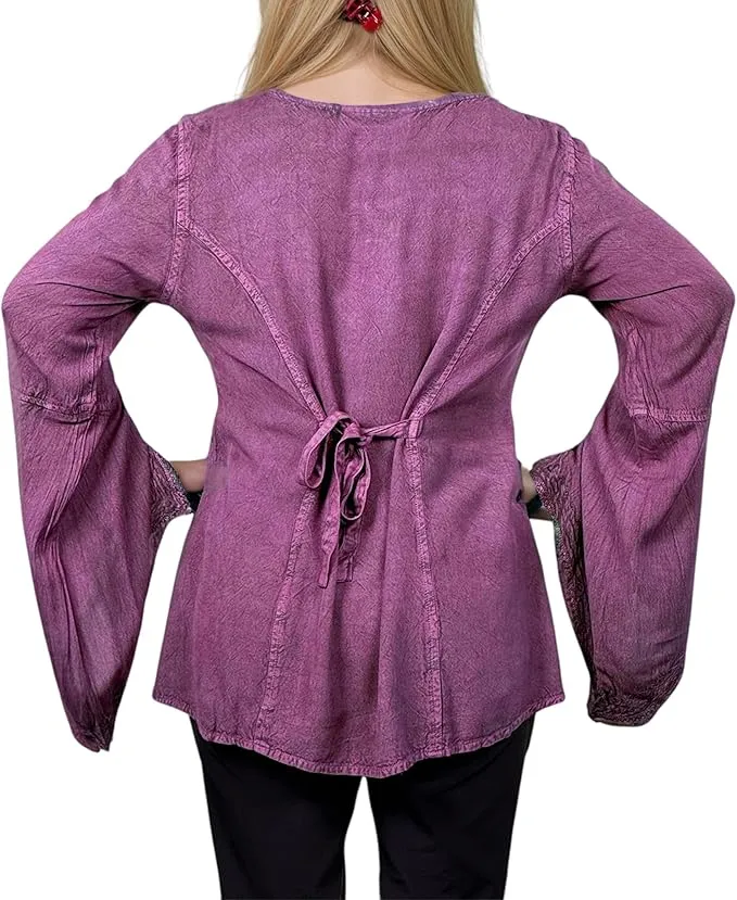 01 B Women's Square Neck Trim Lace Gypsy Bell Sleeve Blouse