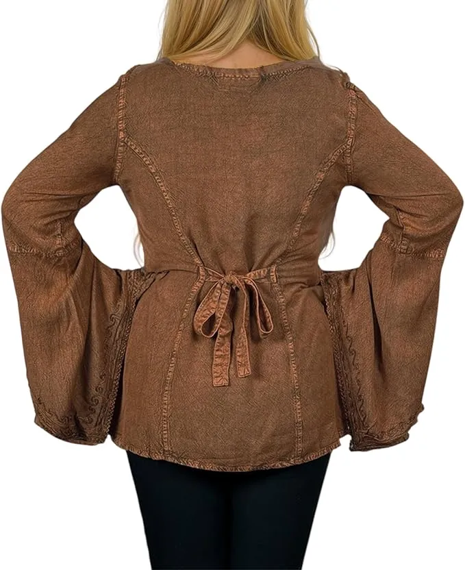 01 B Women's Square Neck Trim Lace Gypsy Bell Sleeve Blouse