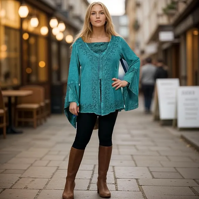 01 B Women's Square Neck Trim Lace Gypsy Bell Sleeve Blouse