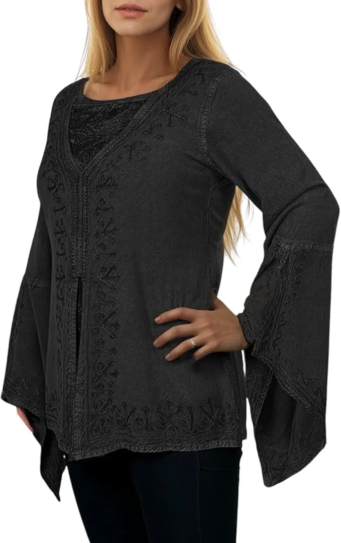 01 B Women's Square Neck Trim Lace Gypsy Bell Sleeve Blouse