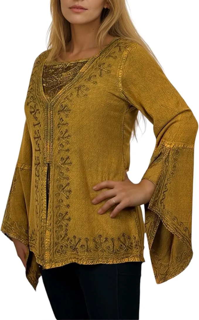 01 B Women's Square Neck Trim Lace Gypsy Bell Sleeve Blouse