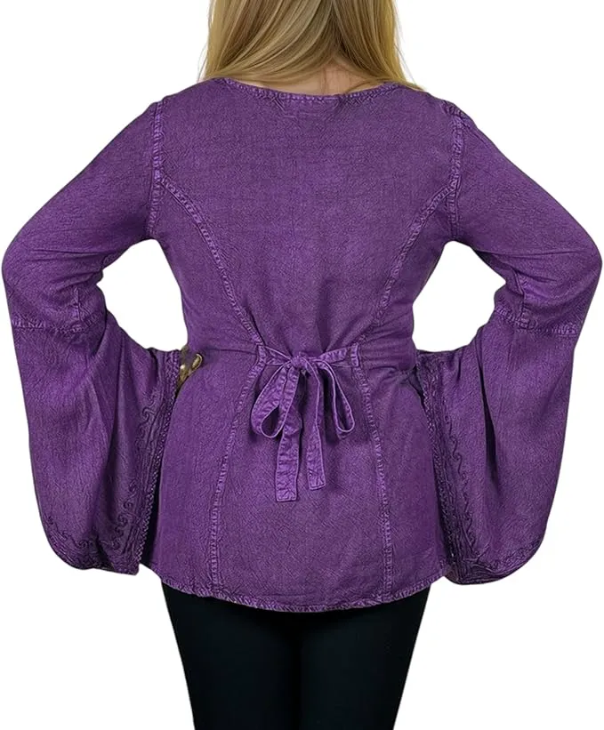 01 B Women's Square Neck Trim Lace Gypsy Bell Sleeve Blouse