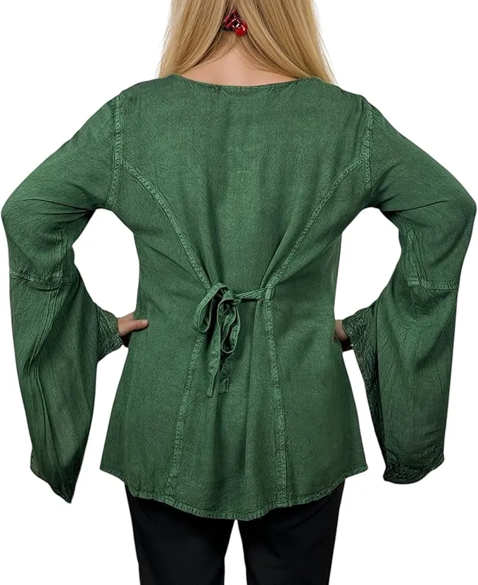 01 B Women's Square Neck Trim Lace Gypsy Bell Sleeve Blouse