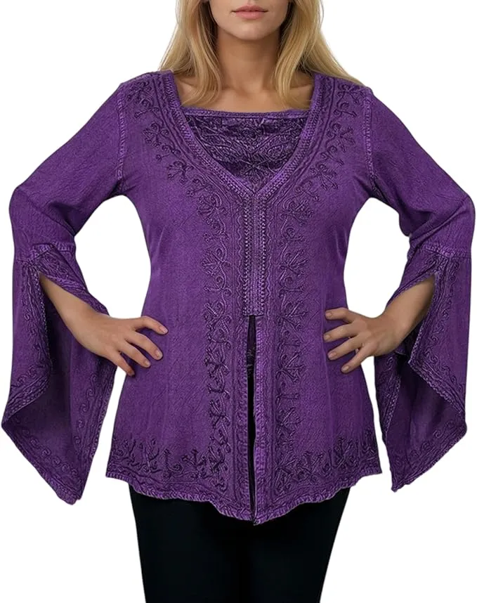 01 B Women's Square Neck Trim Lace Gypsy Bell Sleeve Blouse