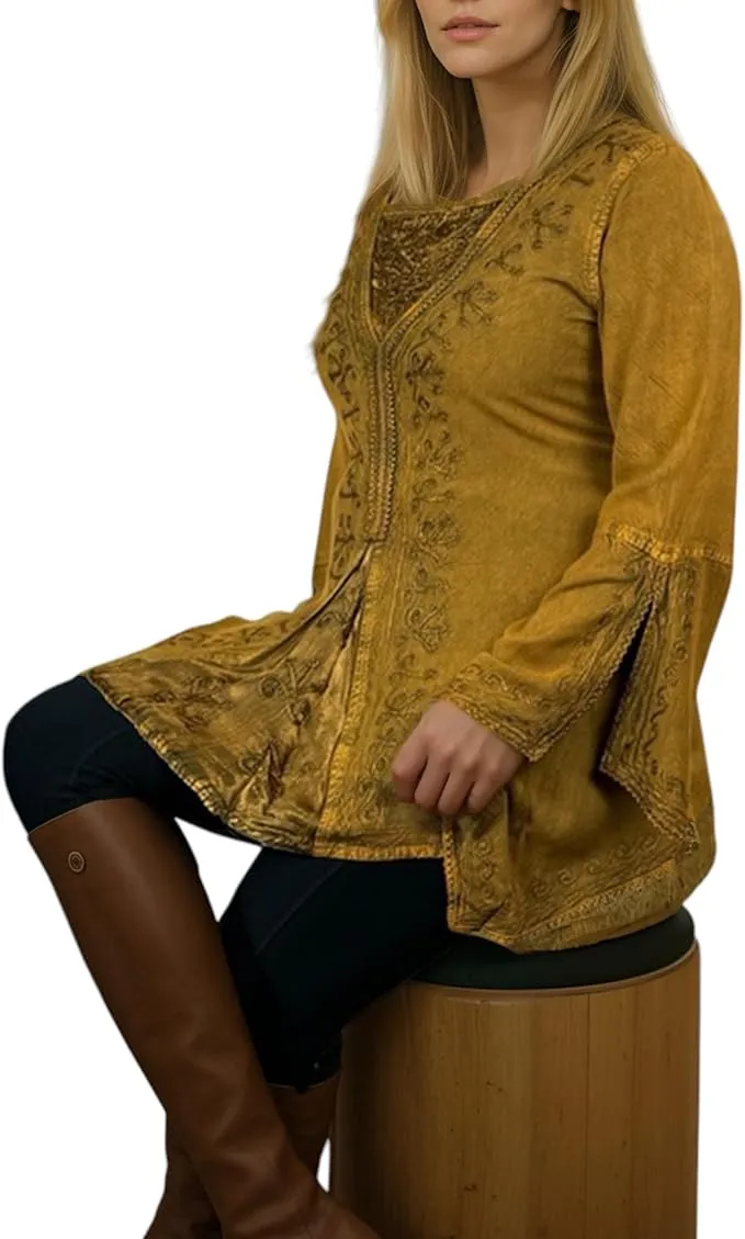 01 B Women's Square Neck Trim Lace Gypsy Bell Sleeve Blouse