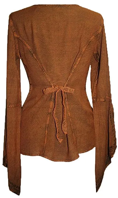 01 B Women's Square Neck Trim Lace Gypsy Bell Sleeve Blouse