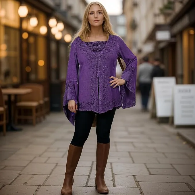 01 B Women's Square Neck Trim Lace Gypsy Bell Sleeve Blouse