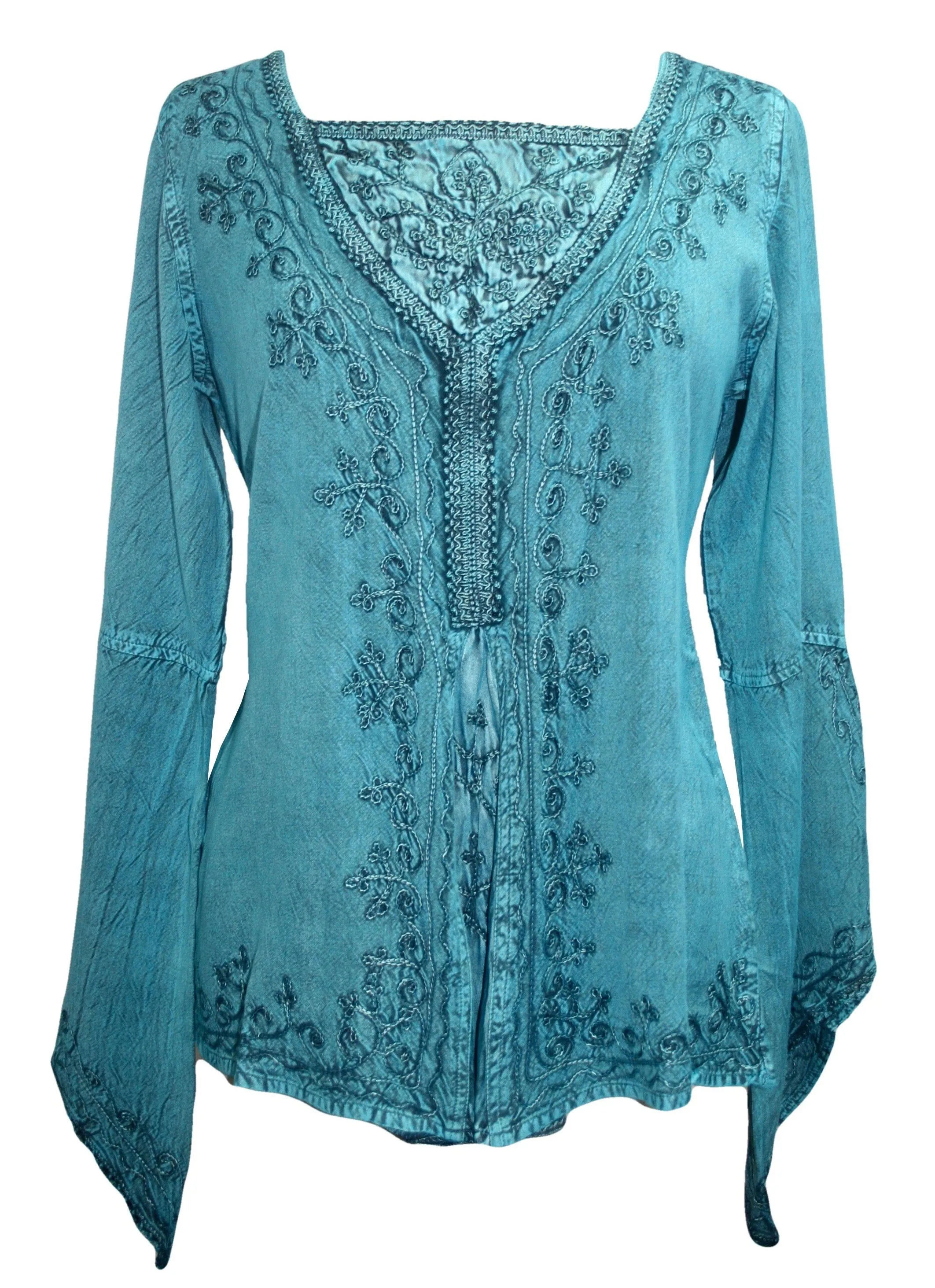01 B Women's Square Neck Trim Lace Gypsy Bell Sleeve Blouse