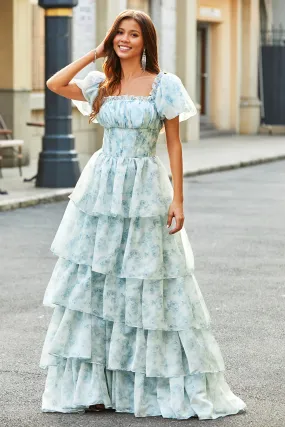 A-Line Off The Shoulder Tiered Corset Long Prom Dress Elegant Evening Gowns