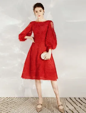 Aimishang   A-Line Cocktail Dresses Princess Dress Cocktail Party Tea Length 3/4 Length Sleeve Jewel Neck Nylon with Sash / Ribbon Pure Color