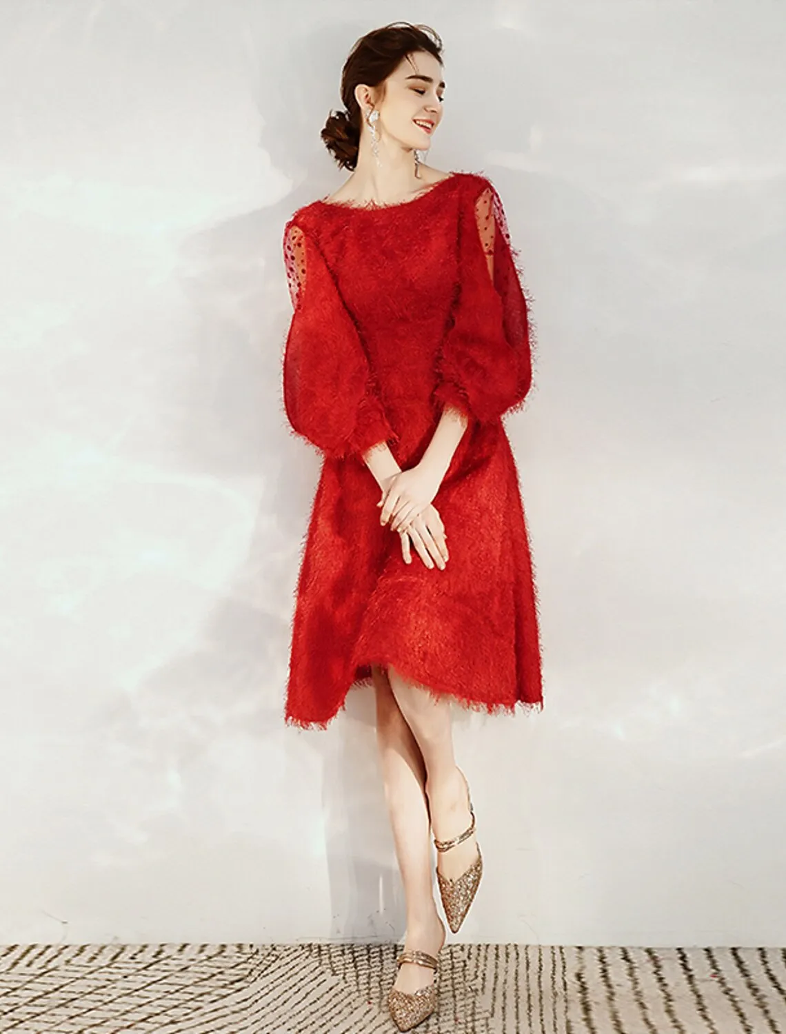 Aimishang   A-Line Cocktail Dresses Princess Dress Cocktail Party Tea Length 3/4 Length Sleeve Jewel Neck Nylon with Sash / Ribbon Pure Color