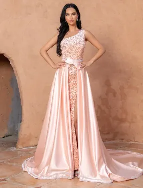 Aimishang   A-Line Mermaid / Trumpet Cocktail Dresses Sexy Dress Wedding Party Court Train Sleeveless One Shoulder Sequined with Sequin Overskirt