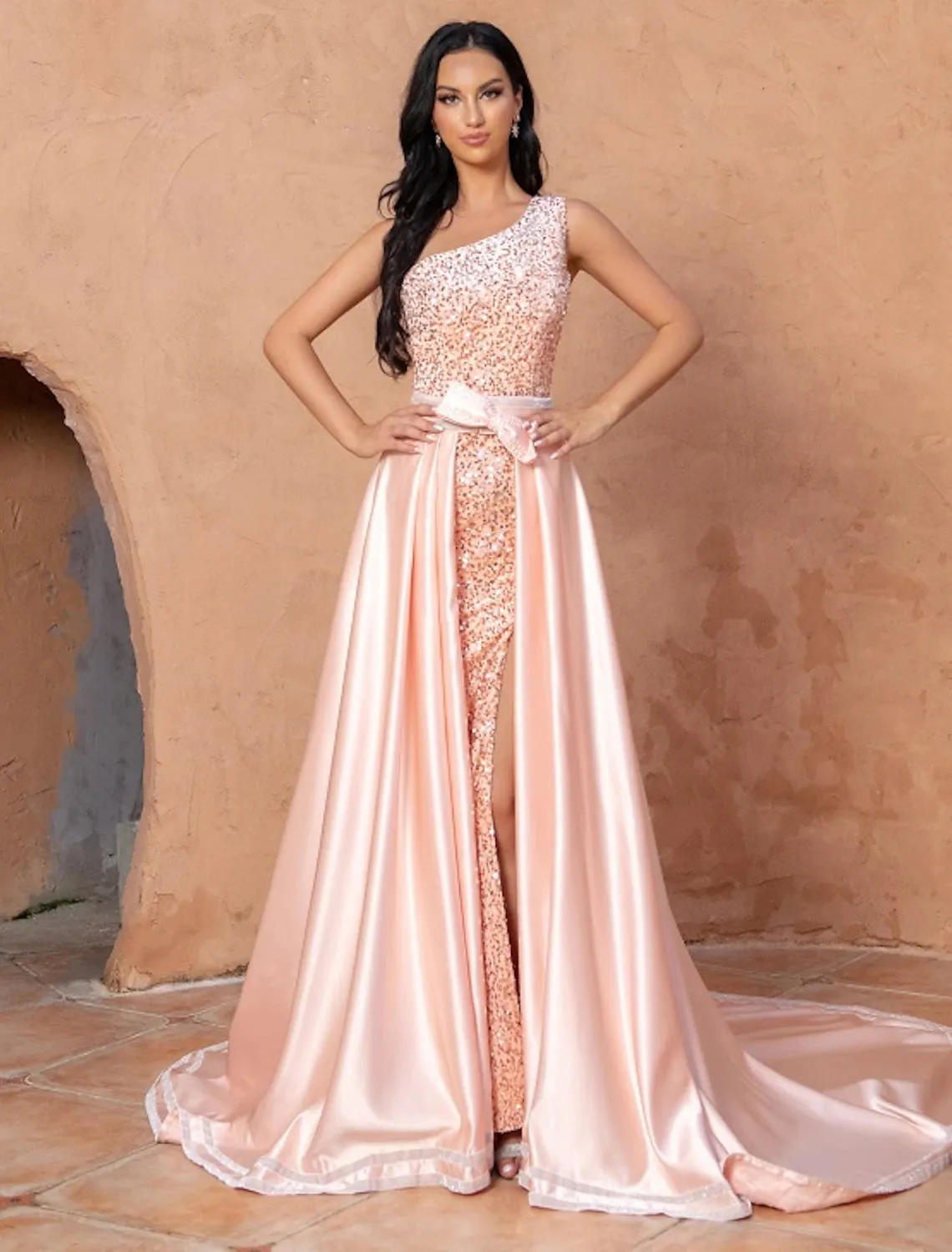 Aimishang   A-Line Mermaid / Trumpet Cocktail Dresses Sexy Dress Wedding Party Court Train Sleeveless One Shoulder Sequined with Sequin Overskirt