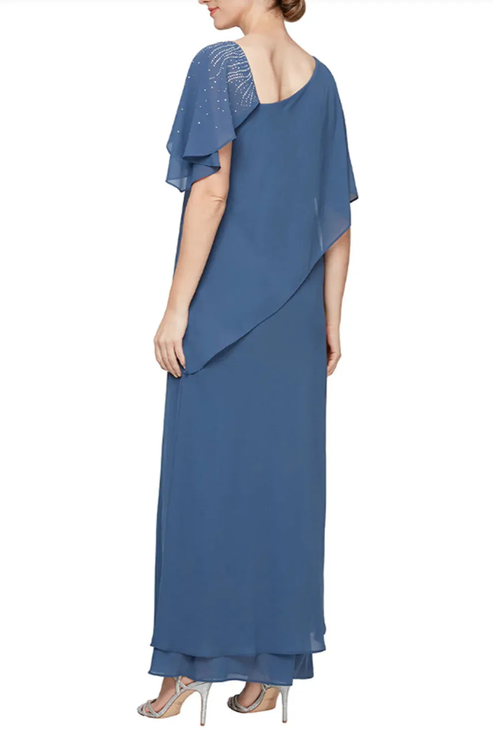 Alex Evenings Chiffon Long Overlay Asymmetric L-Neckline Bodice Dress