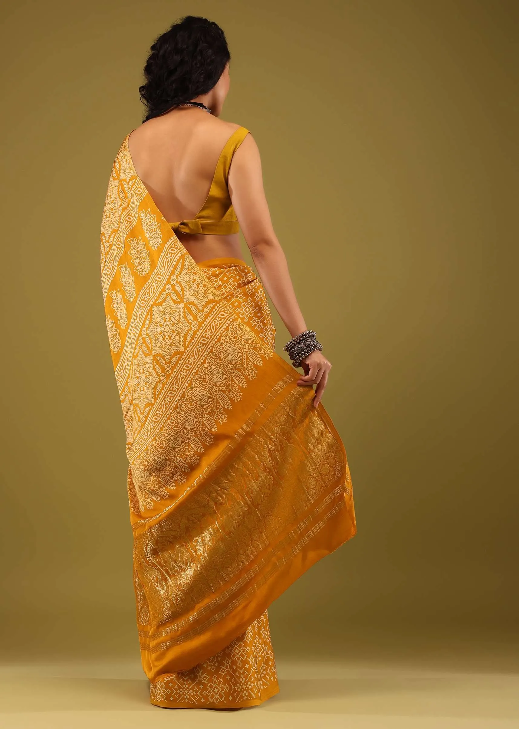 Amber Yellow Saree In Satin With Ajrakh Handblock Print And Brocade Work